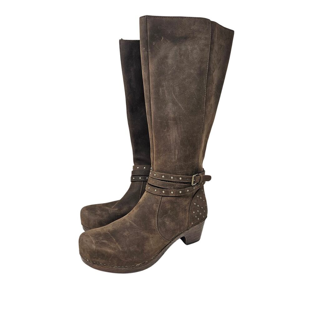 Dansko 40 Myra Brown Leather Tall Boot Clog Studded Boho Whimsygoth Western